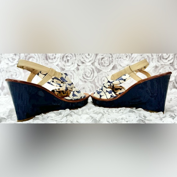 Kate Spade Sandpiper Wedge Platform Sandal Blue Birds Summer Tropical Size 8.5 - Picture 10 of 12